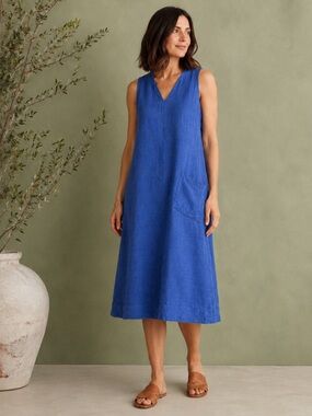 FLAX Blue Linen Sleeveless Midi Dress Small A-Line Lagenlook Art to Wear